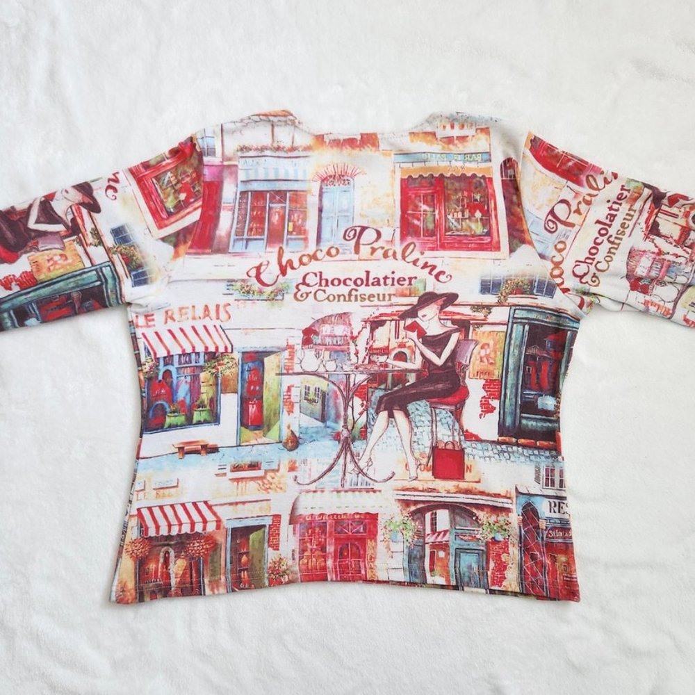 Vintage 90s French Art Print Top Large Paris Cafe J Marco Cyber Rhinestones Y2K - Picture 3 of 16
